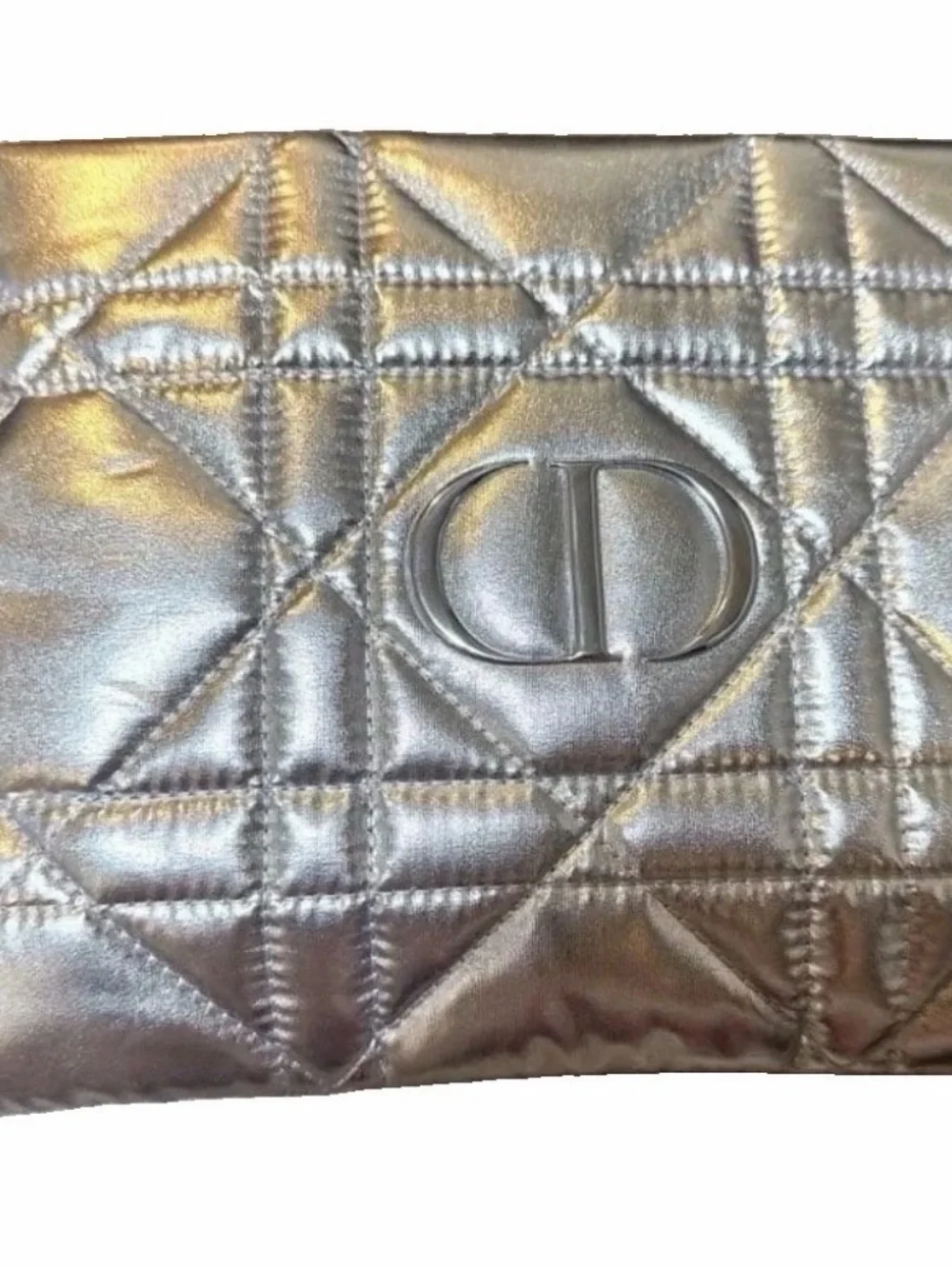 New in box Dior Silver Quilted Zip Makeup Bag Zipper Pouch with CD Logo